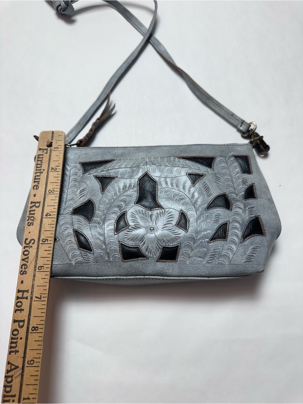 Artisan Silver Tooled Leather Cutout Crossbody Bag Boho Western Festival - Picture 9 of 13